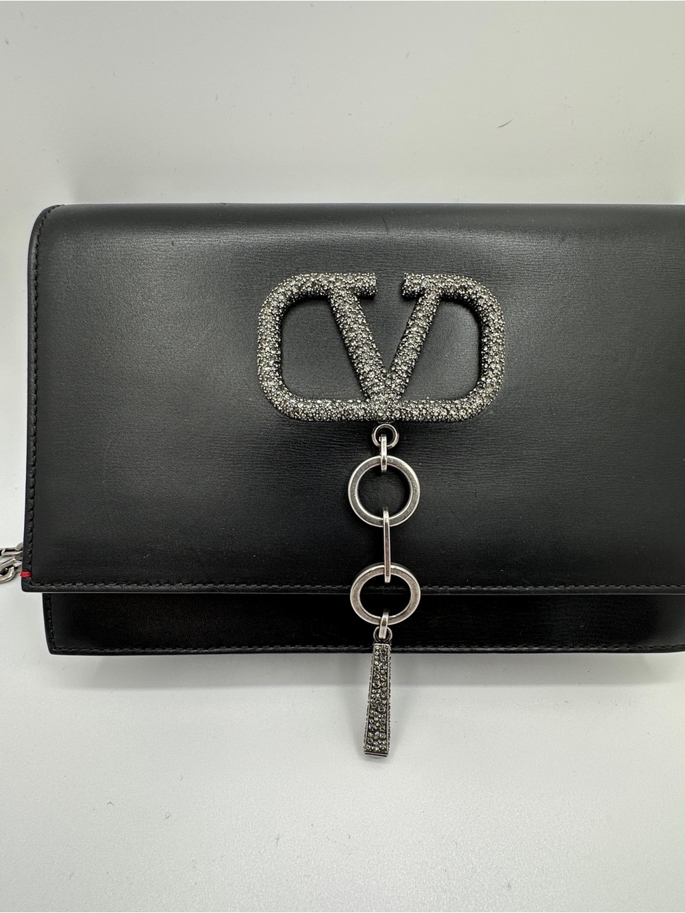 Valentini Garavani VRing Crystal Tassel Flap Bag Black Leather Chain Shoulder